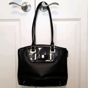 Lulu Guinness black bow tie gold metal trim shoulder bag